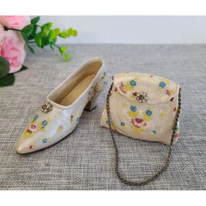 Vintage Miniature Nostalgia Decorative Handbag & Shoe Beige Floral, Knick Knack